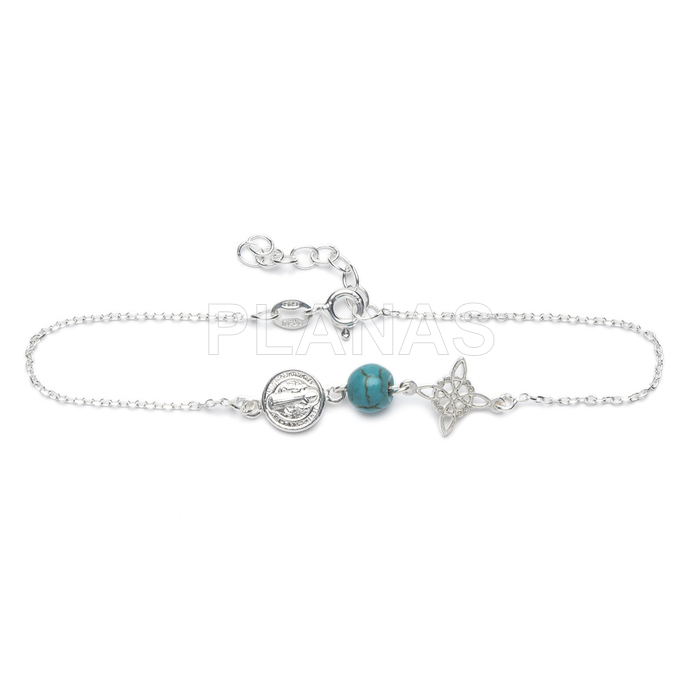 Pulseira em prata de lei com medalha de são bento, nó de bruxa e turquesa. tripla proteção.