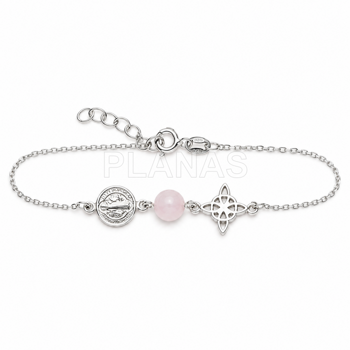 Pulsera en Plata de ley, San Benito, nudo de brujas y Quarzo rosa. TRIPLE PROTECCIÓN.