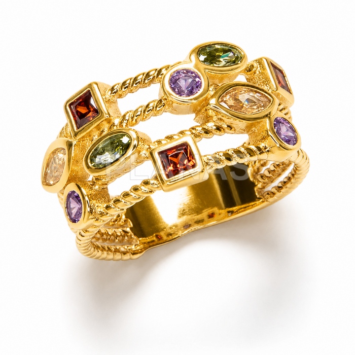 Anillo en Latón y Baño Oro 18k con Circonitas de colores.  