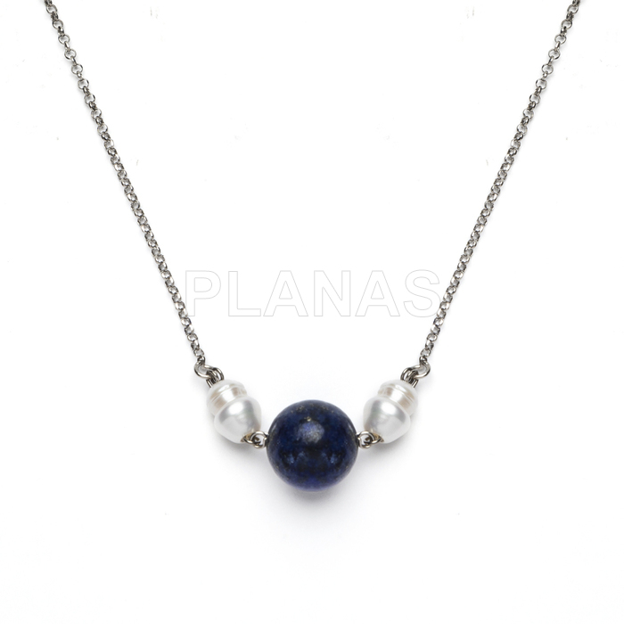 Collar en Plata de ley rodiada con Perla Cultivada y Lapizlazuli.