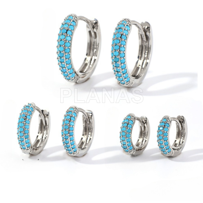 Conjunto de 3 pares de brincos de argola em latão com zircônias cúbicas turquesa.  