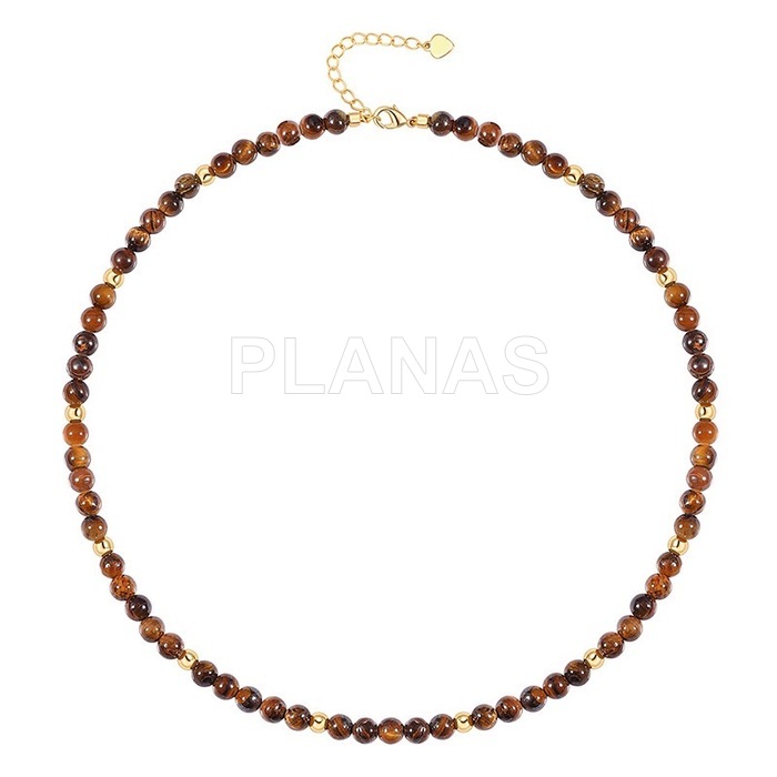 Collar en Ojo de Tigre y bolitas doradas.