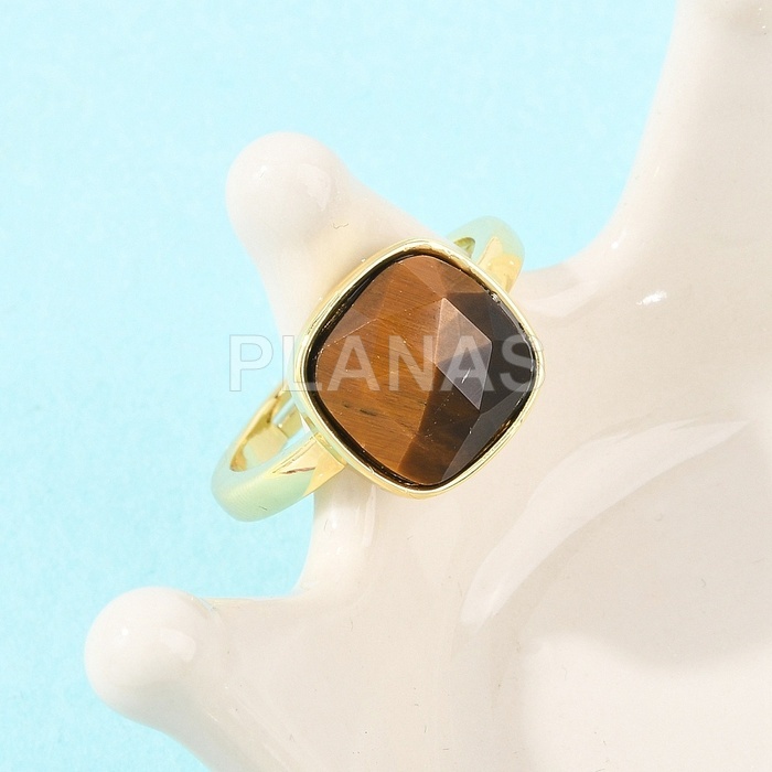 Anillo en Latón y Baño Oro con Ojo de Tigre.  