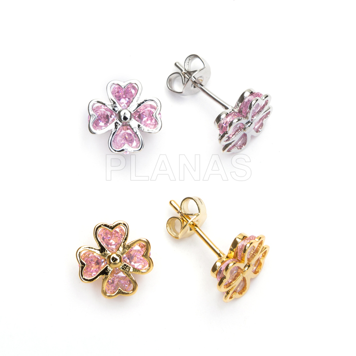 Brincos em latão com zircônias cúbicas rosa. trevo. 