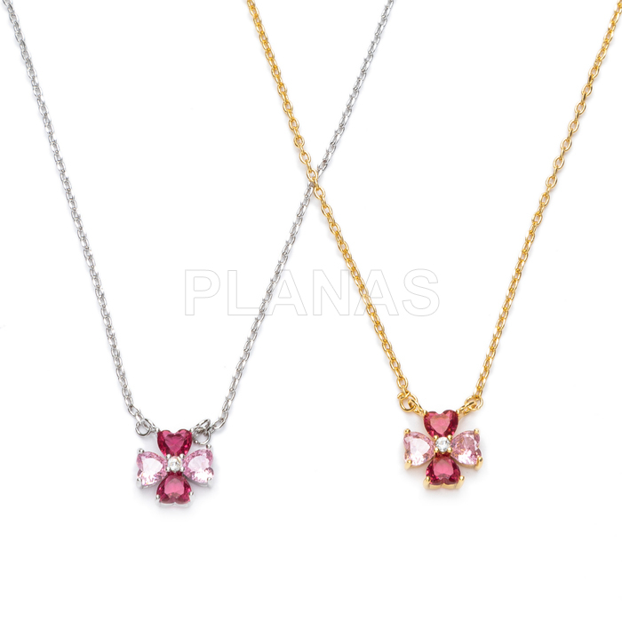 Colar em latão com zircônias cúbicas rosa. trevo.