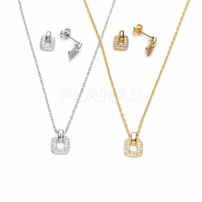 Conjunto de colar e brincos em latão e zircônias cúbicas.