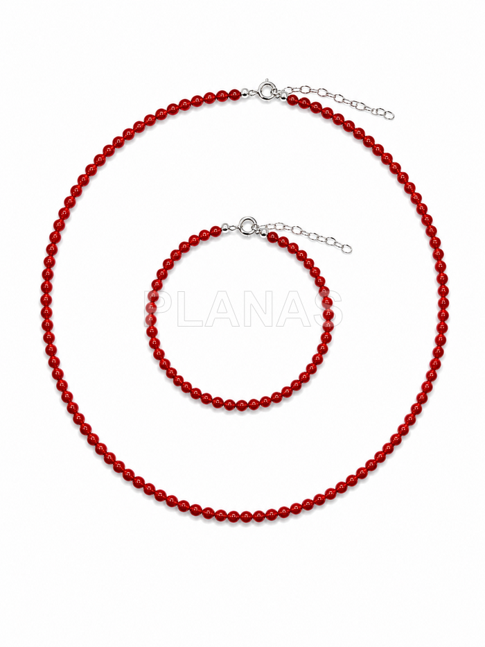 Colar e pulseira em prata de lei com coral de 3mm.