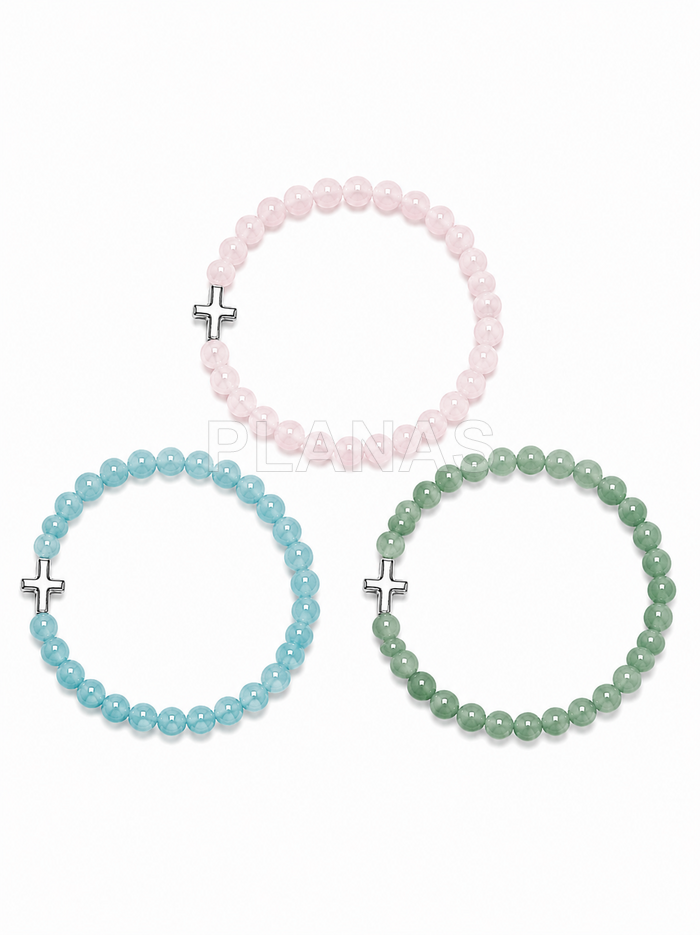 Pulseira elástica em prata de lei e minerais. cruz.