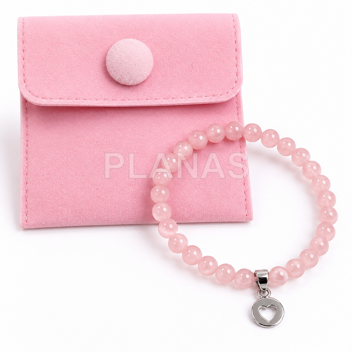Pulsera para niña elástica en Quarzo Rosa y plata de ley. CORAZÓN. 