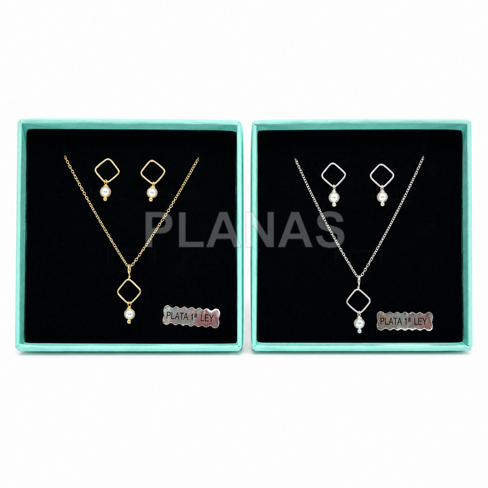 Conjunto en Plata de ley y Perla de alta calidad en 4mm.