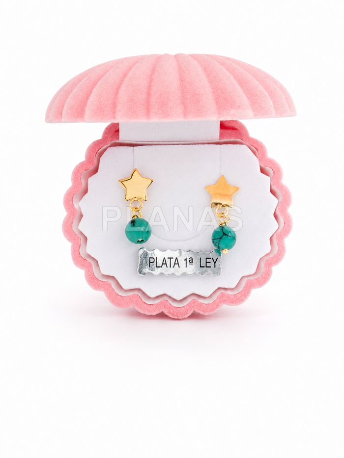 Pendientes en Plata de ley y Baño oro con Turquesa. 