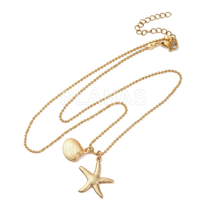 Colgante en Acero Inoxidable y Baño Oro. CONCHA Y ESTRELLA DE MAR.