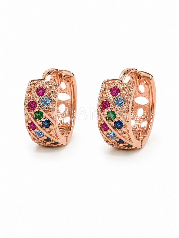 Aros en Latón y baño oro rosa con circonitas de colores.  