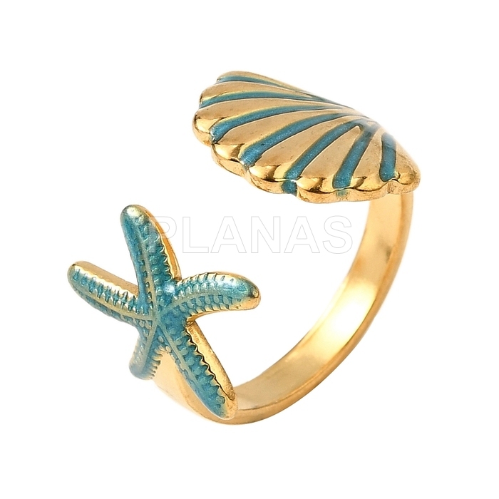 Anillo en Acero Inoxidable 304 y Baño Oro. CONCHA Y ESTRELLA DE MAR.