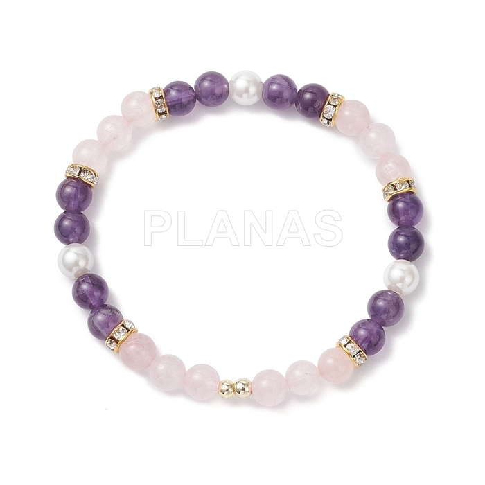 Pulseira elástica com ametista, quartzo e madrepérola.
