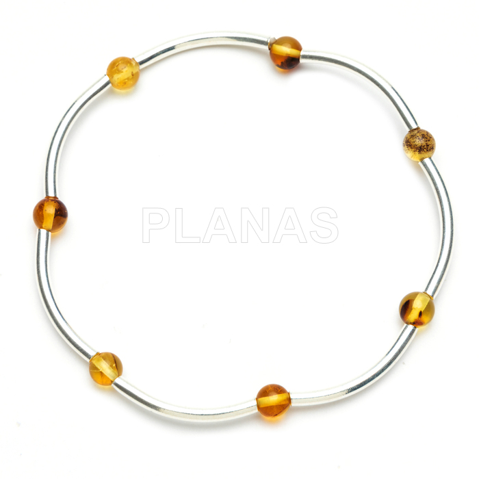 Pulseira elástica em prata de lei com contas de âmbar de 4mm.