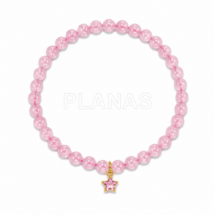 Pulseira elástica em quartzo rosa e prata de lei com zircônias cúbicas rosa em banho de ouro. estrela. 