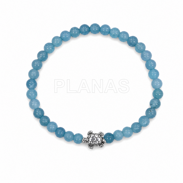 Pulseira elástica em água-marinha e prata de lei. tartaruga. 