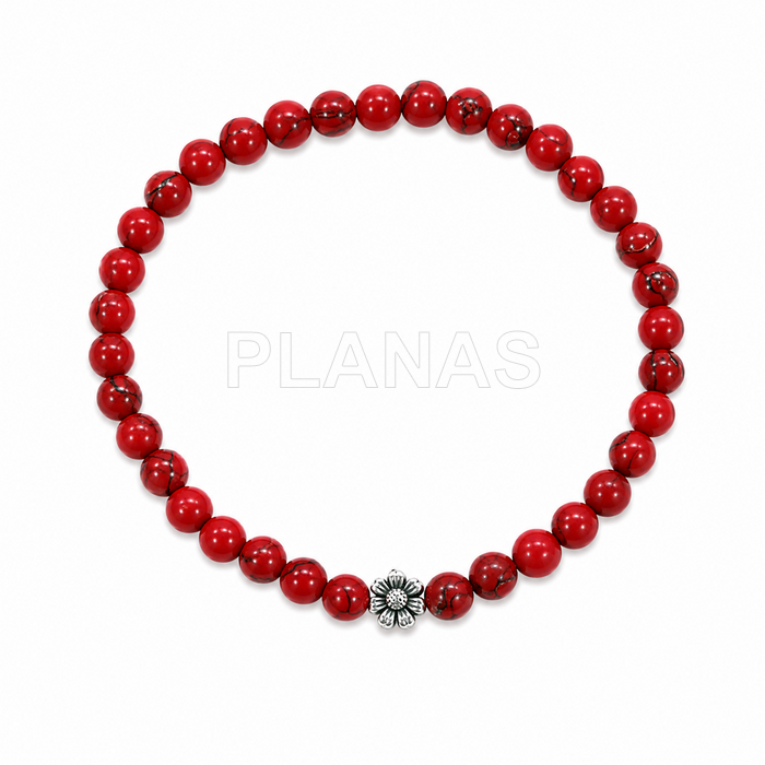 Pulseira elástica em coral e prata de lei. flor. 