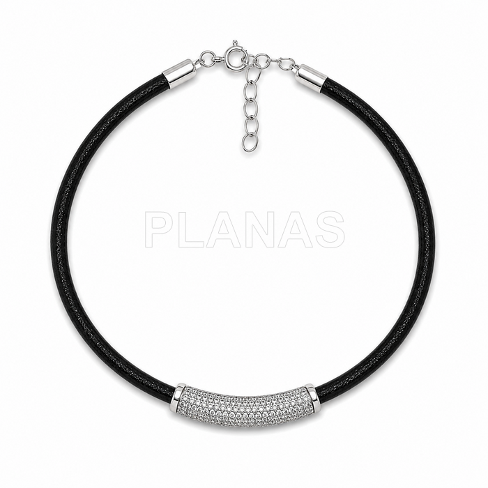 Pulsera de Cuero en plata de ley y Circonitas.