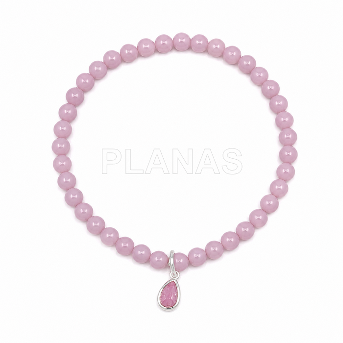 Pulseira elástica com pérolas de cristal austríaco de alta qualidade de 4 mm e zircônias cúbicas rosa em formato de gota.