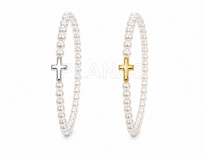 Pulsera para niña elástica en plata de ley y perlas austriacas de primera calidad. CRUZ.