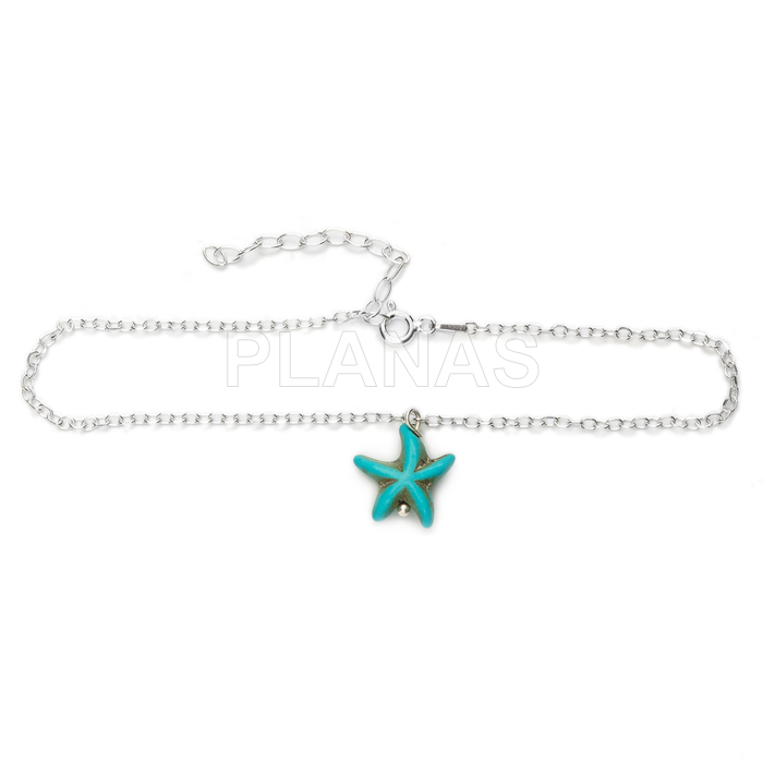 Tornozeleira em prata de lei e turquesa. estrela-do-mar.