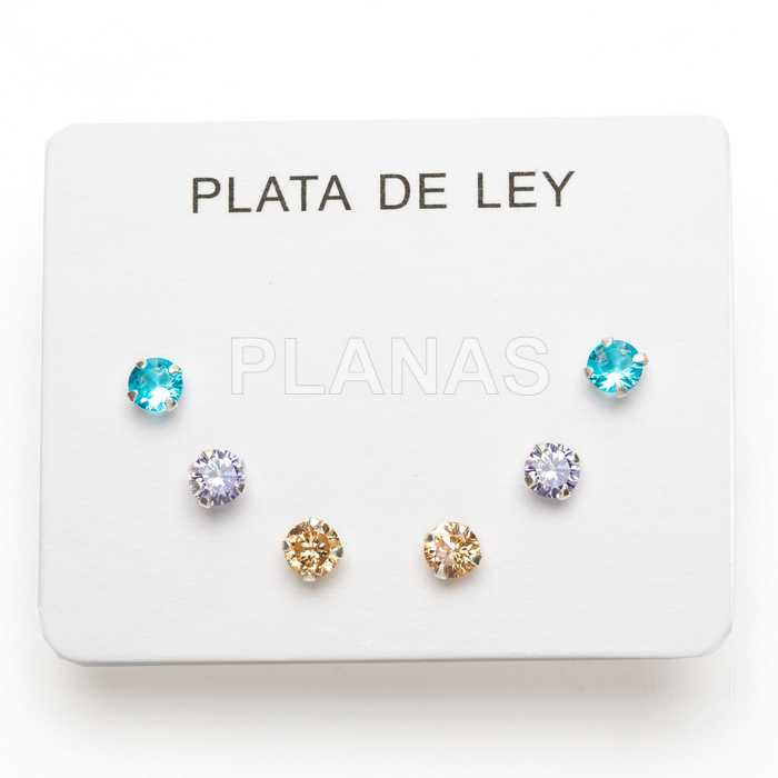 Display de 3pr de Pendientes en Plata de ley y Circonitas redondas de colores.  