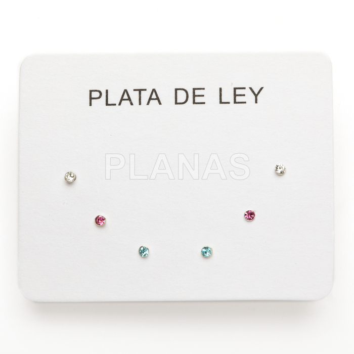 Display de 3pr de Pendientes en Plata de ley y Circonitas redondas de colores.  