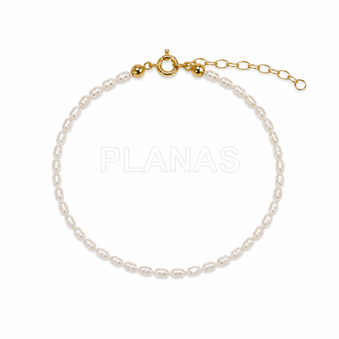 Pulsera en Plata de ley y Baño Oro con perlas Cultivadas de 3x5mm.