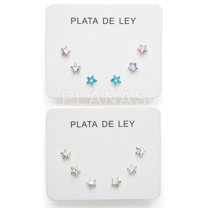 Exibição de 3 pares de brincos em prata de lei e zircônia cúbica. estrelas.