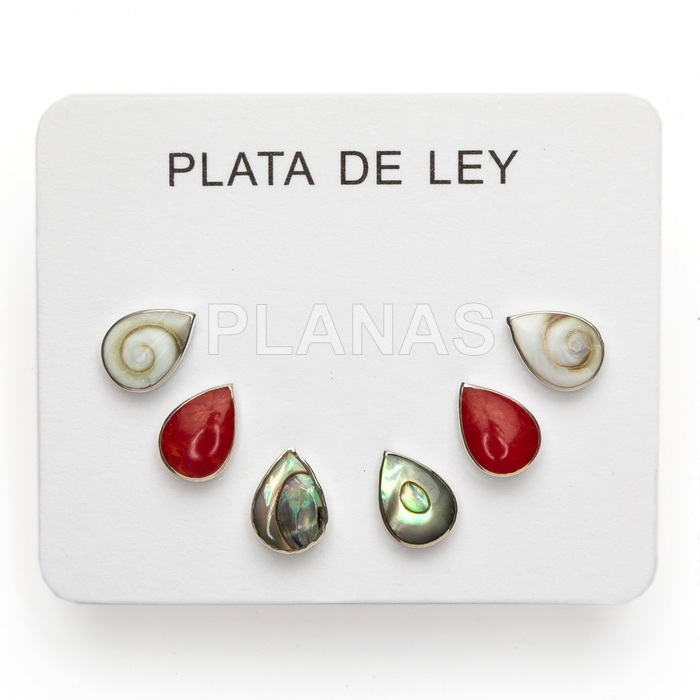 Display de 3pr de Pendientes en Plata de ley. Shiva, Coral y Abalón.  