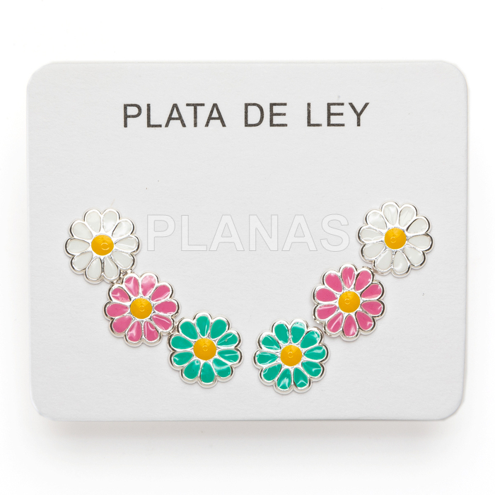 Display de 3pr de Pendientes en Plata de ley y esmalte. FLORES.