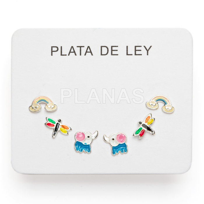 Display de 3pr de Pendientes para niña en Plata de ley y esmalte.