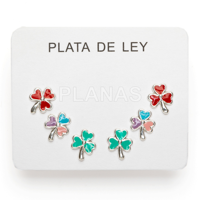 Display de 3pr de Pendientes en Plata de ley y esmalte. TREBOL.