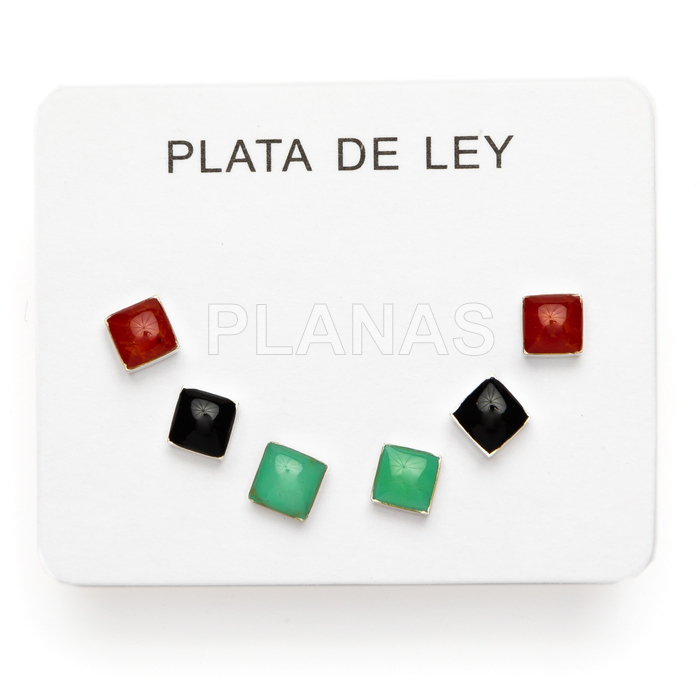 Display de 3pr de Pendientes en Plata de ley. Coral, Turquesa y negro.  