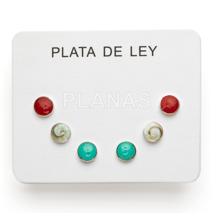 Display de 3pr de Pendientes en Plata de ley. Coral, Turquesa y Shiva.  