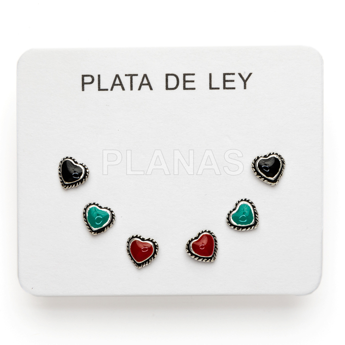 Display de 3pr de Pendientes en Plata de ley. Coral, Turquesa y negro. CORAZÓN.