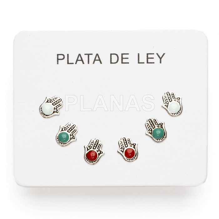 Display de 3pr de Pendientes en Plata de ley. MANO DE FATIMA.