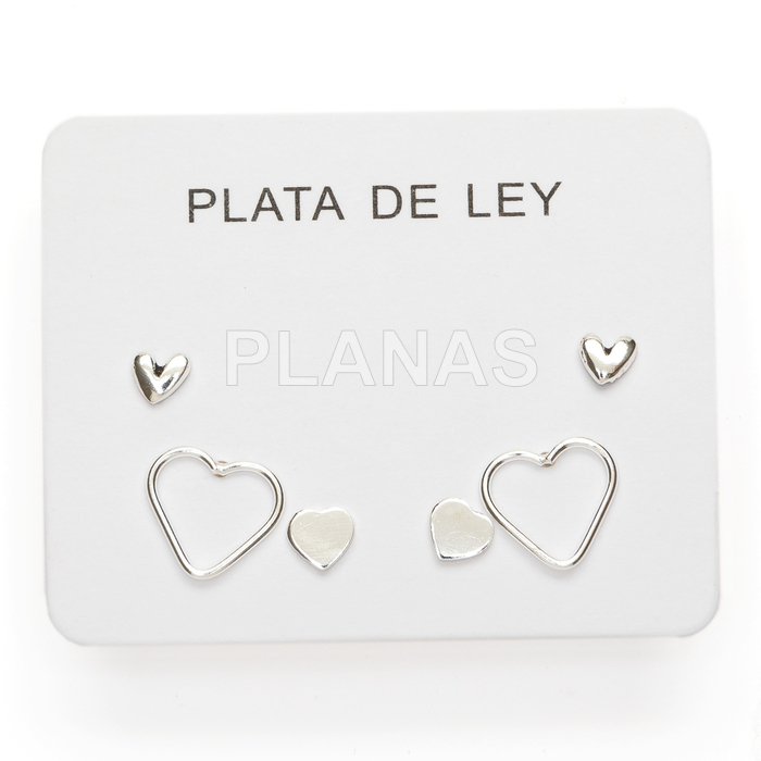 Display de 3pr de Pendientes en Plata de ley. CORAZONES.