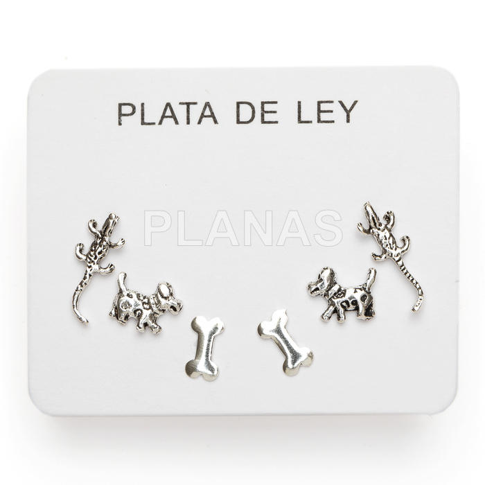 Display de 3pr de Pendientes en Plata de ley. LAGARTIJA/PERRO/HUESO.