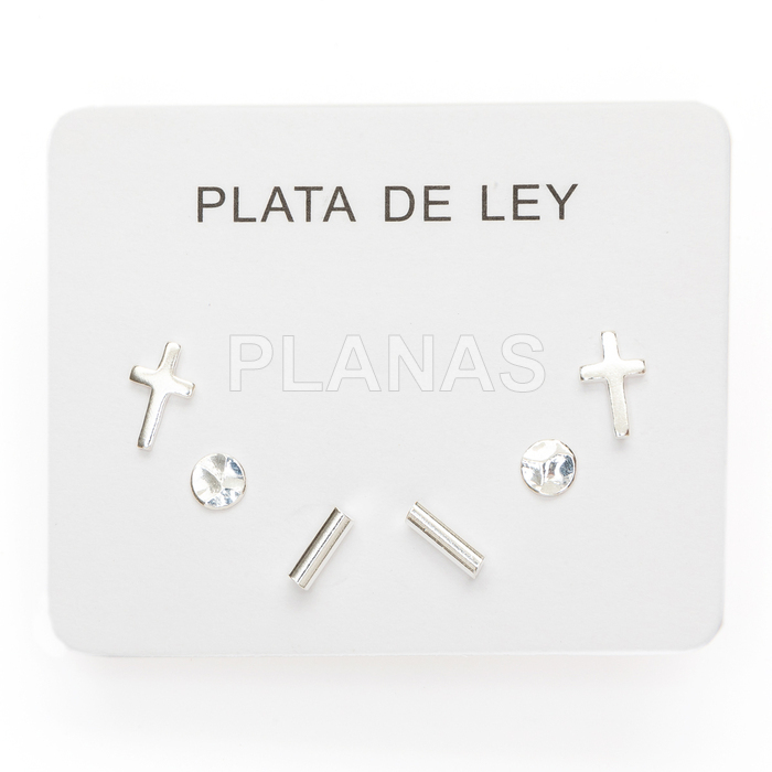 Display de 3pr de Pendientes en Plata de ley. CRUZ/CIRCULO/BARRA.