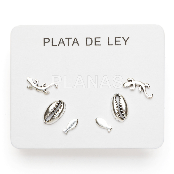 Display de 3pr de Pendientes en Plata de ley. LAGARTIJA/CONCHA/PEZ.