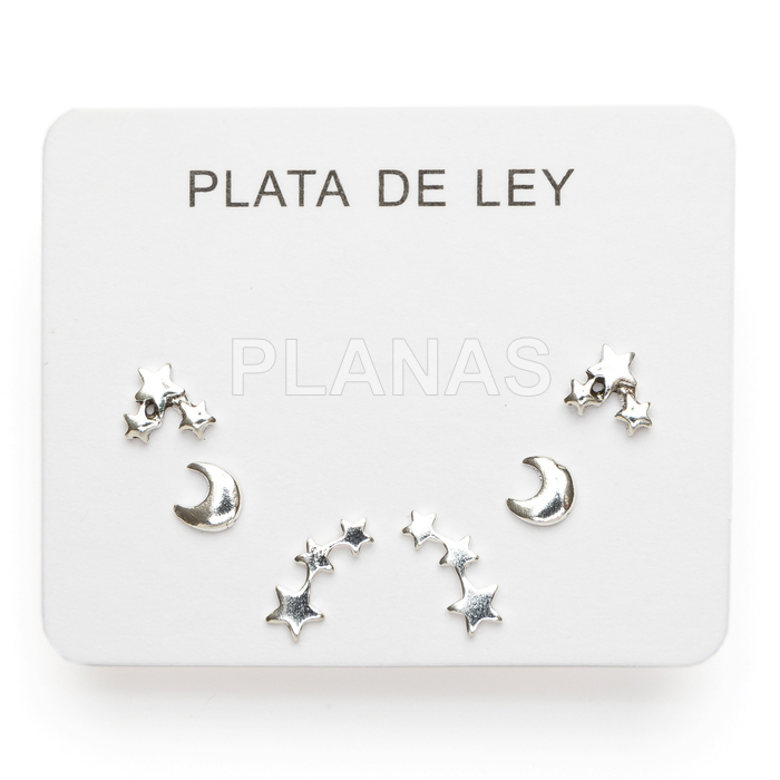 Display de 3pr de Pendientes en Plata de ley. LUNAS Y ESTRELLAS.