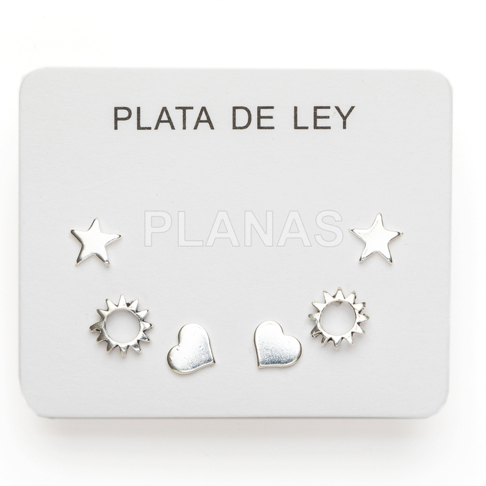 Display de 3pr de Pendientes en Plata de ley. ESTRELLA/SOL/CORAZÓN.