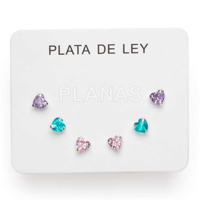 Display de 3pr de Pendientes en Plata de ley y circonitas. CORAZONES.