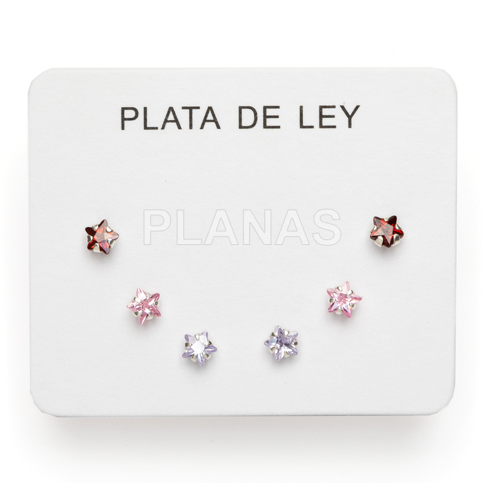 Display de 3pr de Pendientes en Plata de ley y circonitas. ESTRELLAS.