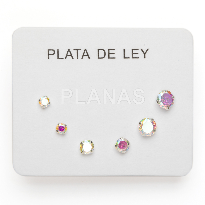 Display de 3pr de Pendientes en Plata de ley y circonitas color A/B.  