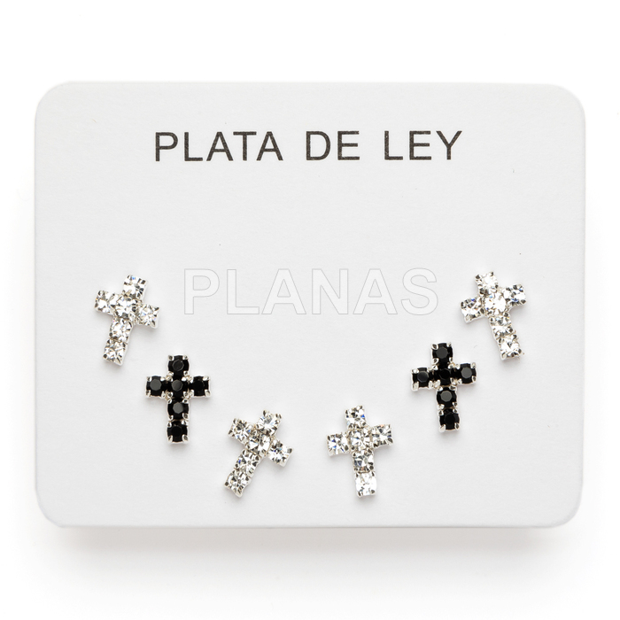 Display de 3pr de Pendientes en Plata de ley y circonitas. CRUCES.