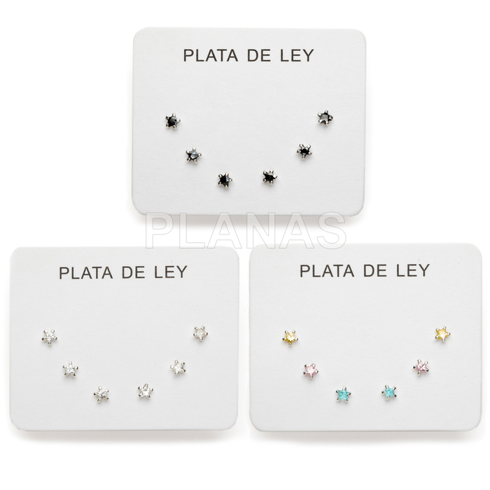 Exibição de 3 pares de brincos em prata de lei e zircônia cúbica. estrelas.